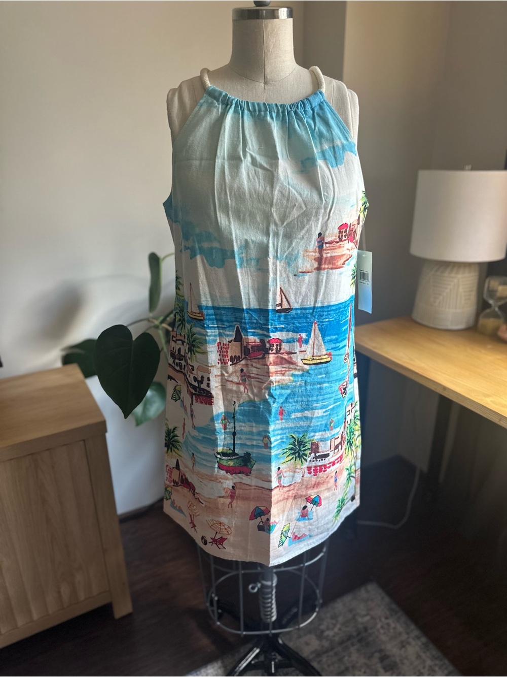 London Times White and Blue Beach Print Halter Mini Dress
